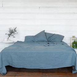 Pure Linen Bed Sheet Set in Mountain Blue