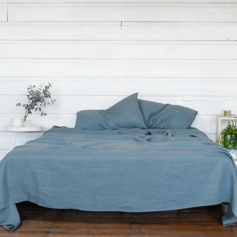 Pure Linen Bed Sheet Set in Mountain Blue