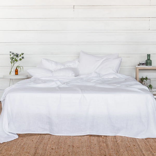 Pure Linen Bed Sheet Set in Polar White