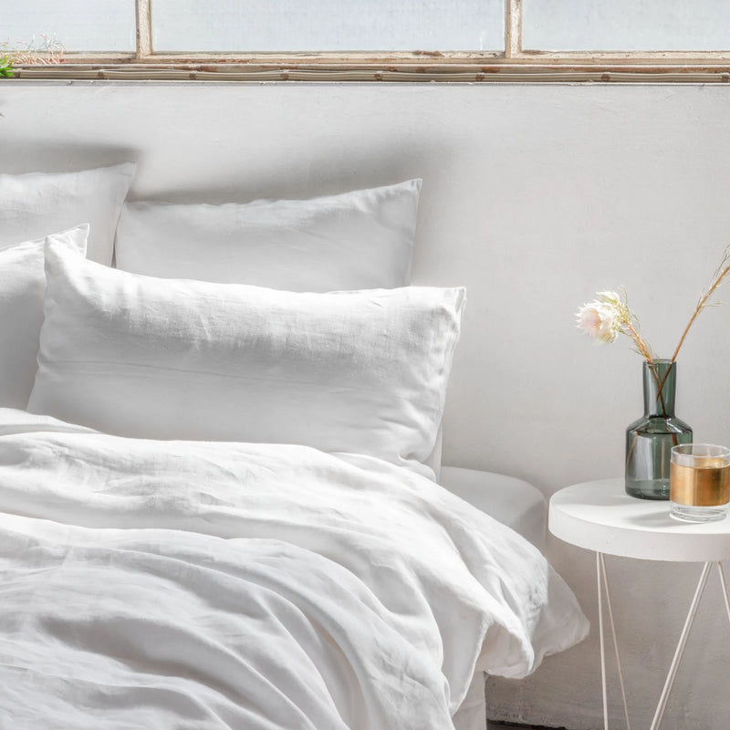 Pure Linen Bed Sheet Set in Polar White with White Duvet Cover