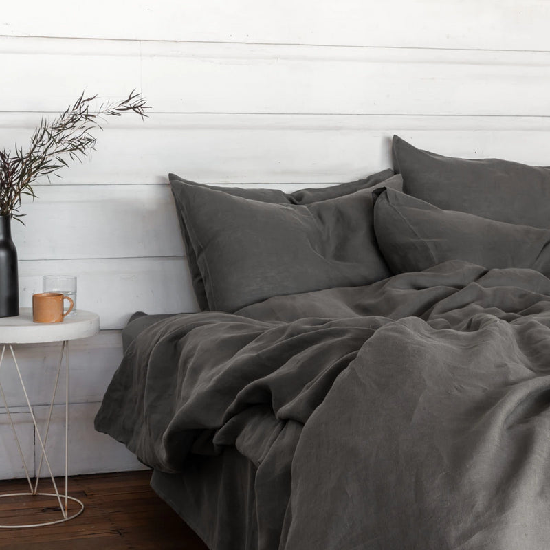 Pure Linen Bed Sheet Set in Storm Grey with Grey Duvet Cover