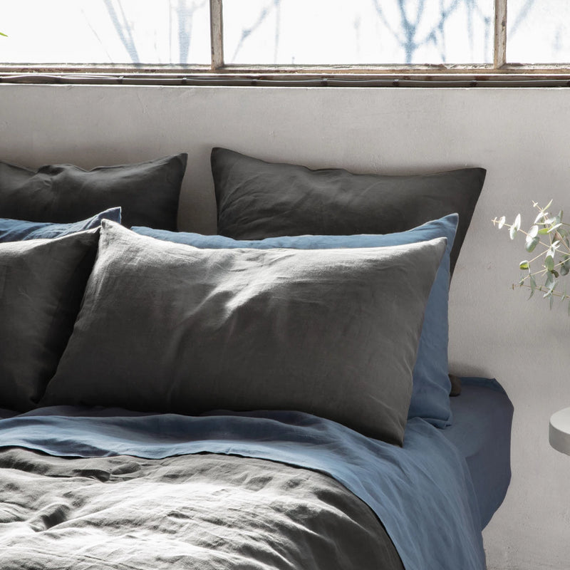 Pure Linen Bed Sheet Set in Mountain Blue with Grey Duvet Cover